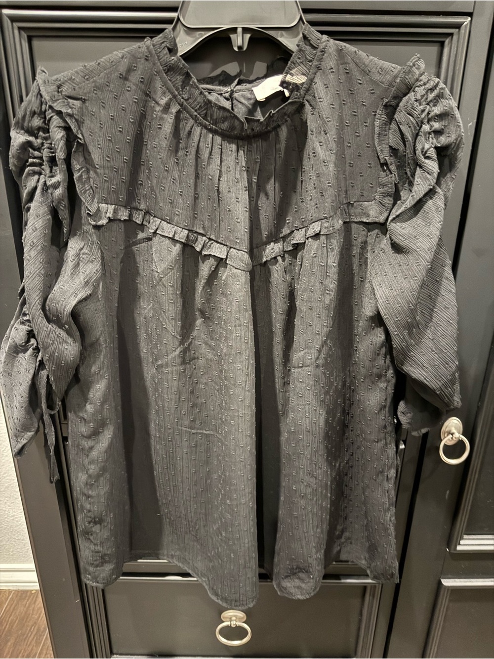 LOFT Black Textured Ruffle-Yoke Blouse